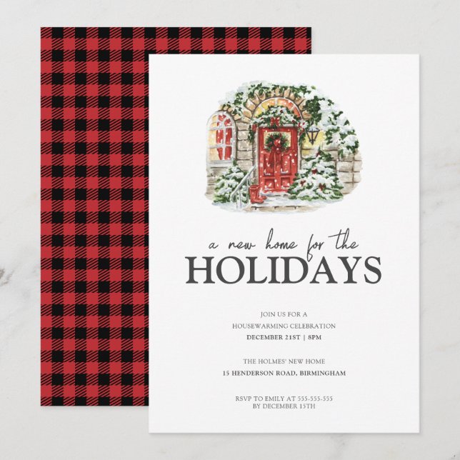 Snowy Winter Village Red Plaid Housewarming Party Invitation (Front/Back)