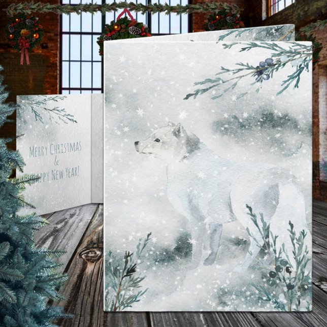 Snowy Winter White Arctic Fox Holiday Card (Snowy Winter White Arctic Fox Christmas Holiday Wraparound Graphics Folded Card in two sizes)