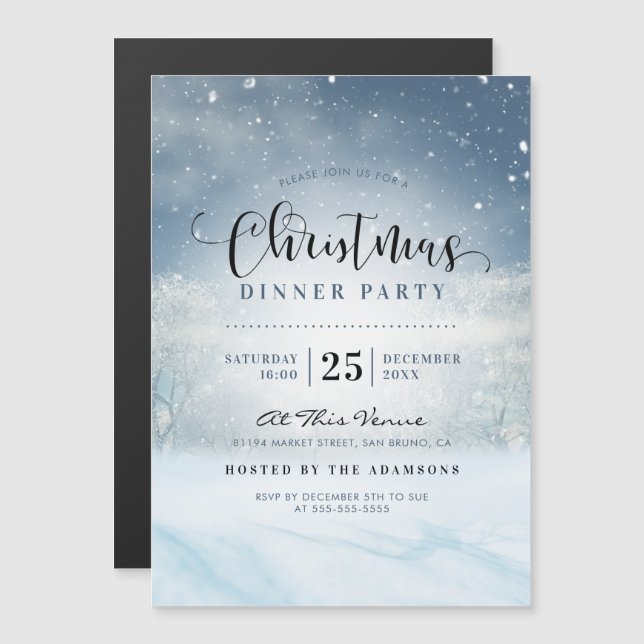Snowy Winter Wonderland Christmas Dinner Party Magnetic Invitation (Front/Back)
