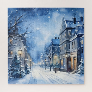Snowy Winter Wonderland Navy and White Jigsaw Puzzle