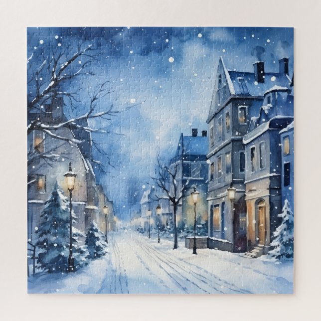 Snowy Winter Wonderland Navy and White Jigsaw Puzzle (Vertical)