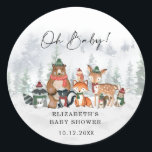 Snowy Winter Woodland Forest Boy Baby Shower Classic Round Sticker<br><div class="desc">This adorable round sticker features a group of cute woodland animals and frosty forest landscape in elegantly muted holiday colours</div>