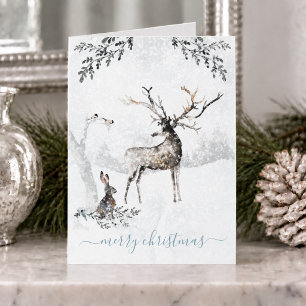 Snowy Winter Woodland Reindeer And Friends Holiday Card