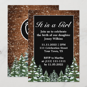 Snowy Wood & Forest Baby Girl Birth Celebration Invitation
