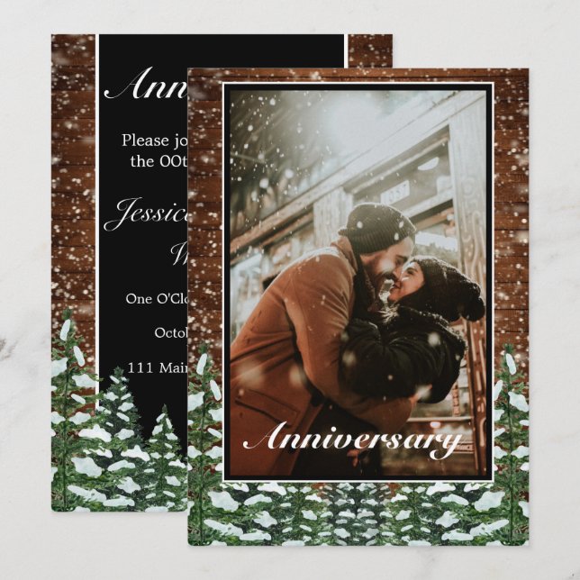 Snowy Wood Forest Black Photo Wedding Anniversary Invitation (Front/Back)