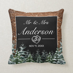 Snowy Wood & Forest Black Wedding Throw Pillow