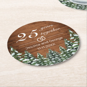 Snowy Wood & Forest Country Pine Anniversary Round Paper Coaster