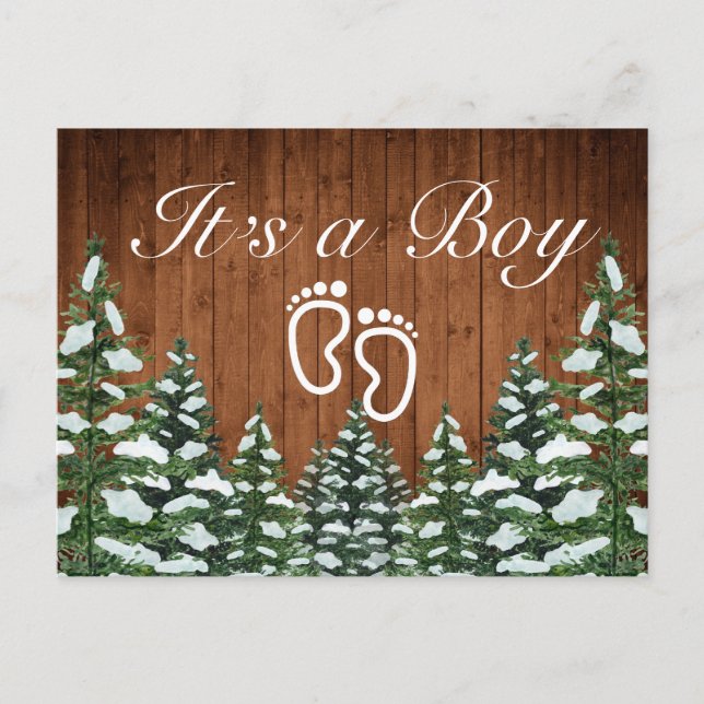 Snowy Wood & Forest Country Pine It's a Boy Announcement Postcard (Front)