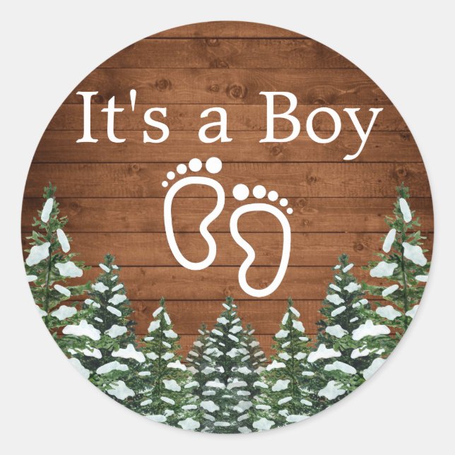 Snowy Wood & Forest Country Pine IT'S A BOY Classic Round Sticker (Front)