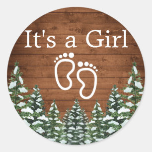 Snowy Wood & Forest Country Pine IT'S A GIRL Classic Round Sticker