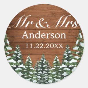 Snowy Wood & Forest Country Pine MR MRS Wedding Classic Round Sticker