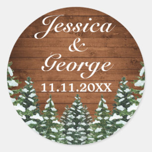 Snowy Wood & Forest Country Pine Wedding Classic Round Sticker