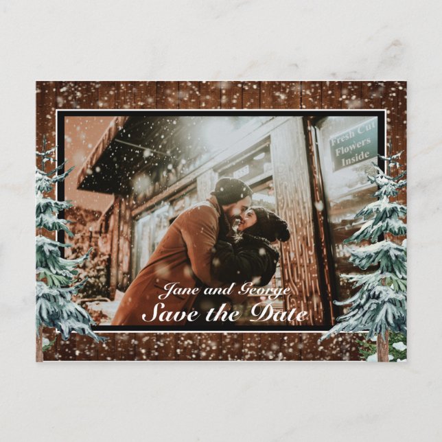 Snowy Wood & Forest Country Pine Wedding Photo Announcement Postcard (Front)
