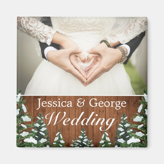 Snowy Wood & Forest Country Pine Wedding Photo Magnet (Front)