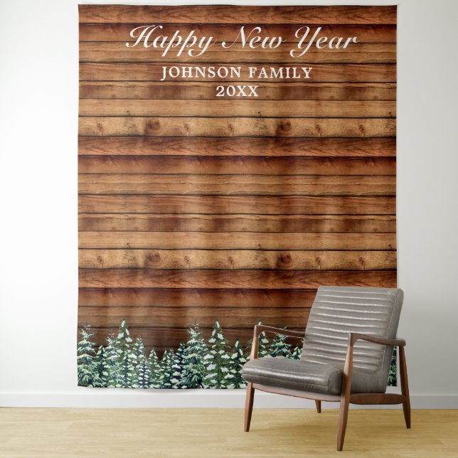 Snowy Wood & Forest Pine New Year Photo Background Tapestry (In Situ)
