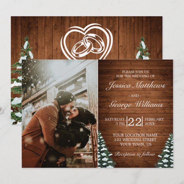 Snowy Wood & Forest Pine Wedding Photo Invitation (Front/Back)