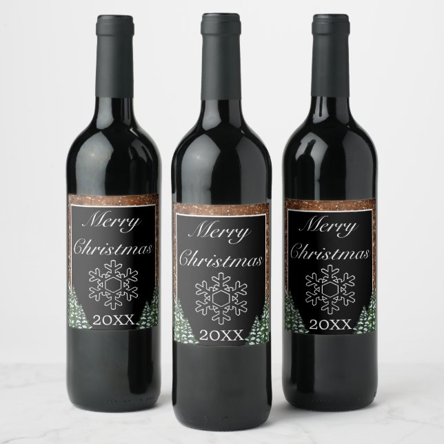 Snowy Wood Forest Rural Merry Christmas Snow Flake Wine Label (Bottles)