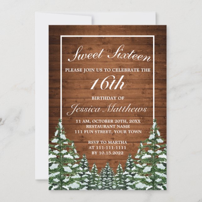 Snowy Wood & Forest Rural Pine Tiara Sweet 16 Invitation (Front)