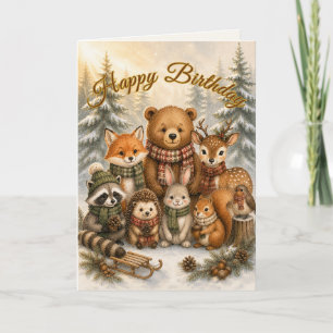 Snowy Woodland Friends Winter Birthday Gathering Card