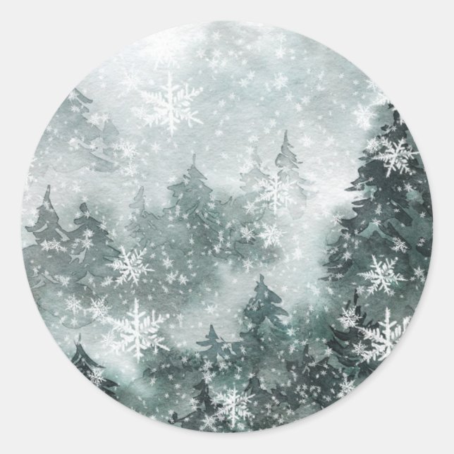 Snowy Woodland Mountain Forest Classic Round Sticker (Front)