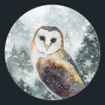 Snowy Woodland Mountain Forest Owl Classic Round Sticker<br><div class="desc">A watercolor painted blustering winter woodland scene featuring a red fox.</div>