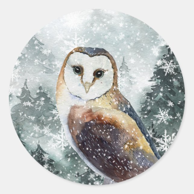 Snowy Woodland Mountain Forest Owl Classic Round Sticker (Front)