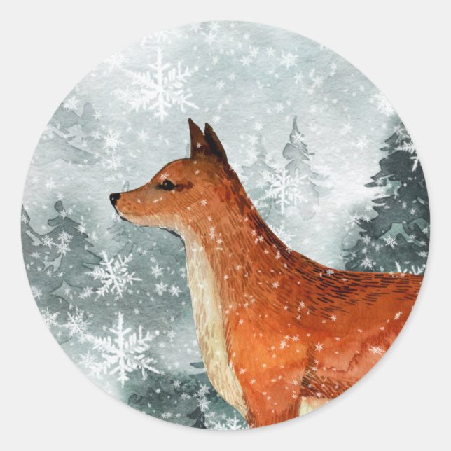 Snowy Woodland Mountain Forest Red Fox Classic Round Sticker (Front)