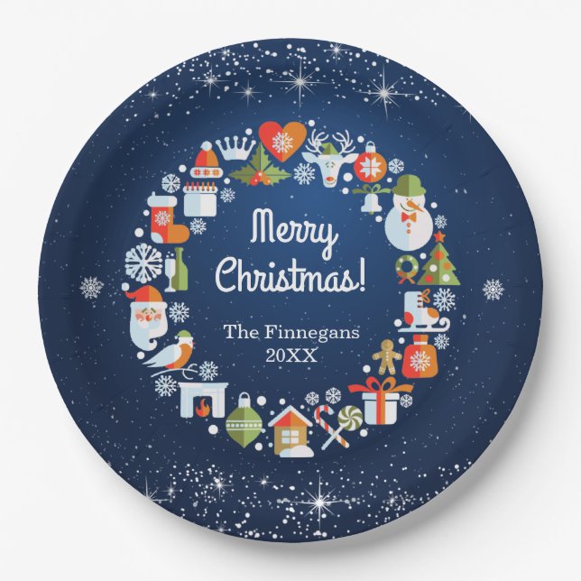 Snowy Wreath Blue Christmas Holiday Party Paper Plate (Front)