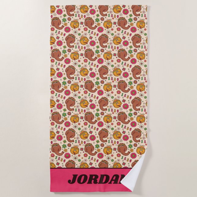 Snuffleupagus and Big Bird Groovy Flower Pattern Beach Towel (Front)