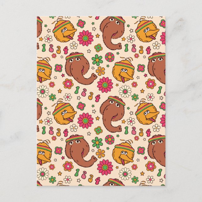 Snuffleupagus and Big Bird Groovy Flower Pattern Postcard (Front)