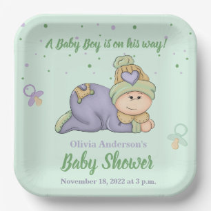 Snuggle Baby Boy - Green & Purple Baby Shower   Paper Plate
