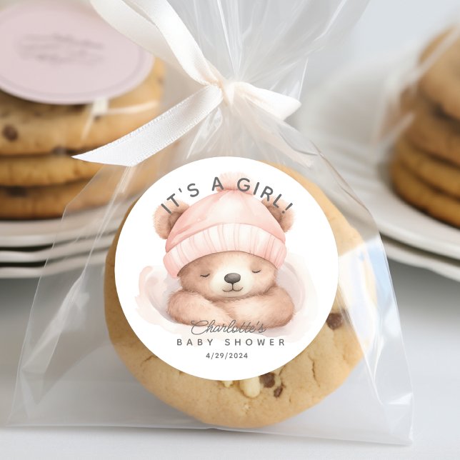Snuggle Bear Baby Shower It's a Girl Classic Round Sticker (Creator Uploaded)