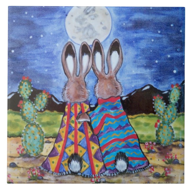 "Snuggle Bunnies" 6" tile/trivet; romantic rabbits Tile (Front)