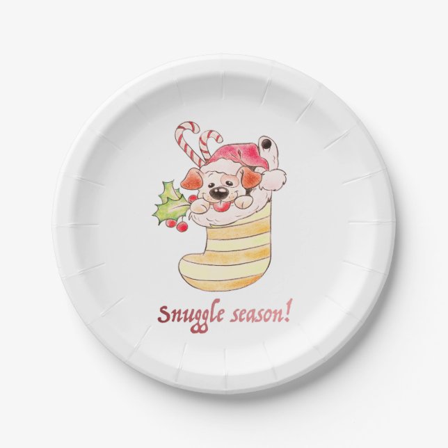Snuggle Season Puppy in Stocking Paper Plate (Front)