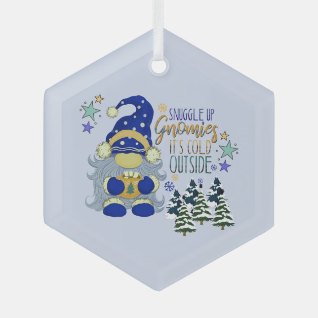 Snuggle Up Gnomies Winter Holiday Glass Ornament (Front)