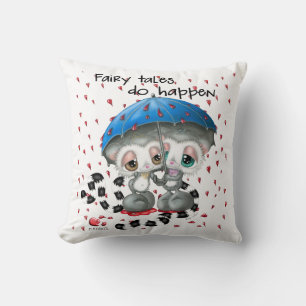 Snuggled Lemurs Under Heart Umbrella Throw Pillow