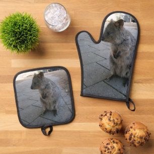 "Snuggles in Australia: A Cuddly Grey Quokka" Oven Mitt & Pot Holder Set