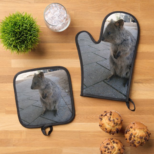 "Snuggles in Australia: A Cuddly Grey Quokka" Oven Mitt & Pot Holder Set (Top Down)