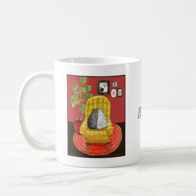 Snuggling Black Cat & Grey Tabby Cat lover Gift Coffee Mug (Left)