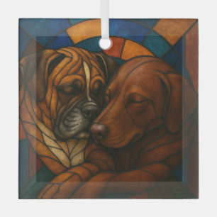 Snuggling Boxer and Chocolate Lab "Stained Glass" Glass Ornament