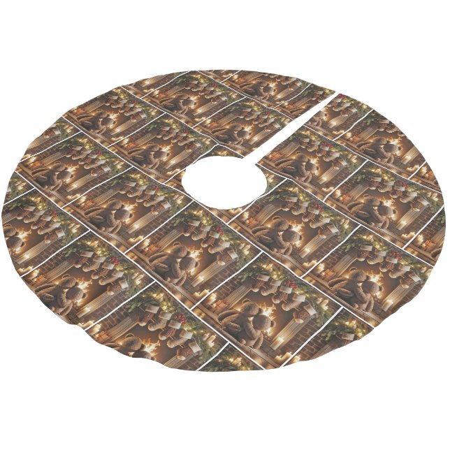 Snuggling Christmas Teddy Bears  Brushed Polyester Tree Skirt (Angled)