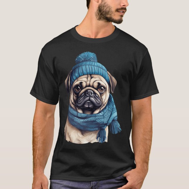 Snuggly Winter Pug T-Shirt (Front)