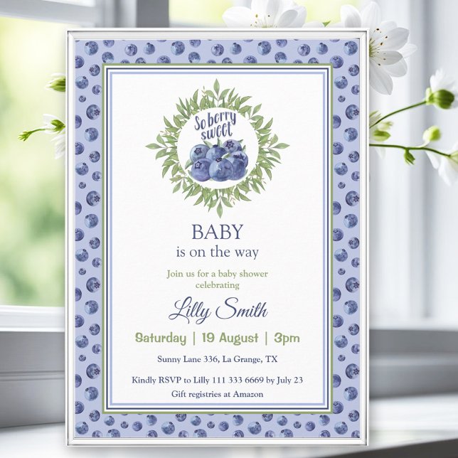 So Berry Sweet Baby Shower Blueberry Blue Pattern Invitation (So Berry Sweet Baby Shower Blueberry Blue Pattern Invitation)