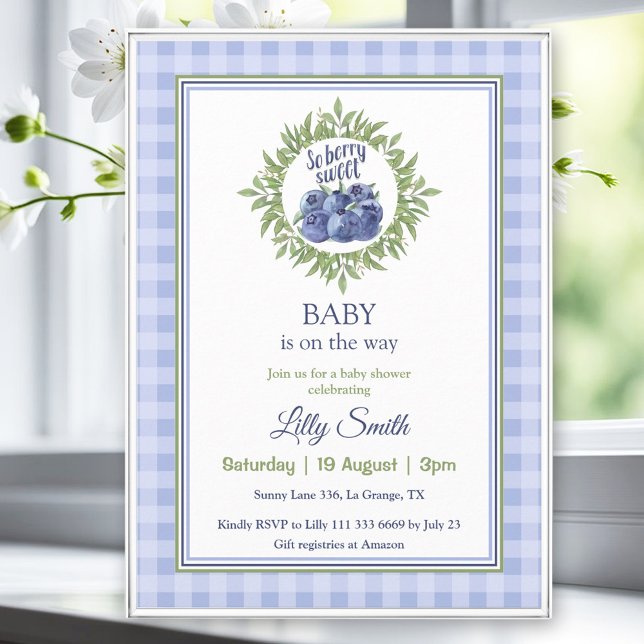 So Berry Sweet Baby Shower Blueberry Blue Plaid Invitation (So Berry Sweet Baby Shower Blueberry Blue Plaid Invitation)