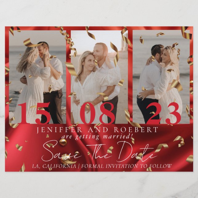 So Chic Red Photo Collage Save the Date Card (Front)