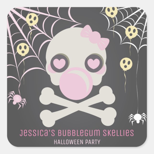 SO CUTE PINK BUBBLEGUM SKELLIES HALLOWEEN PARTY  SQUARE STICKER (Front)
