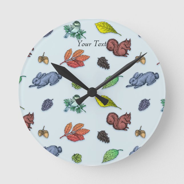 So Cute Woodland Animals Autumn Floral Round Clock (Front)