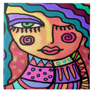 So Happy Abstract Digital Portrait of a Woman Tile