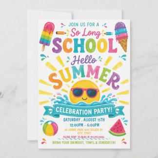 So Long School Hello Summer Colourful Pool Party  Invitation