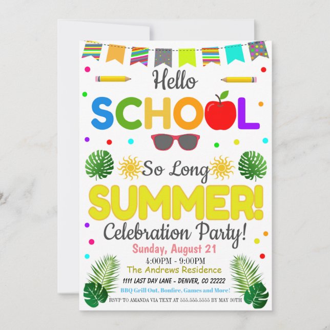 So Long Summer Back to School Party Invitation (Front)